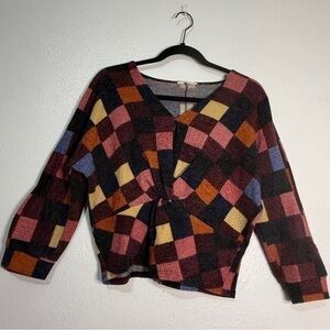 Essei v-neck,long-sleeved top, multi-colored checkerboard design.Sz S.Preowned.